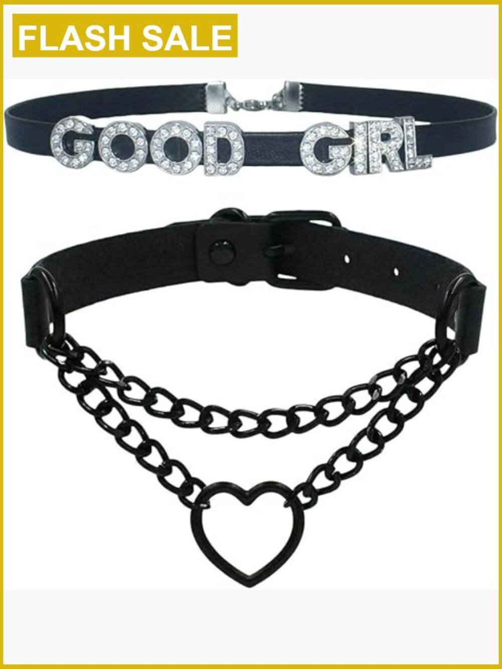 2-Piece Gothic Layered Chain Heart Choker Set Stackable PU Leather